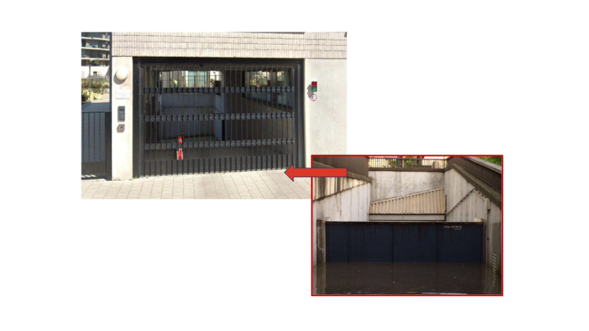 Samengestelde afbeelding. De ingang van een ondergrondse garage waar een zelfsluitende waterkering is geïnstalleerd. Je ziet die niet zitten. De afbeelding ernaast toont hoe het schot omhoog geduwd werd door het rijzende water en zo de garage afsluit en droog houdt.